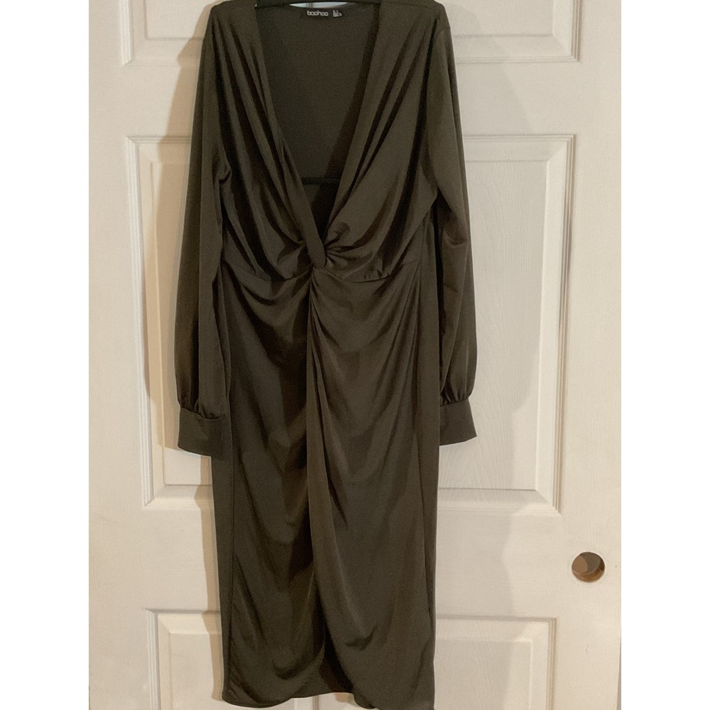Boohoo Olive Green Long Sleeve Midi Dress